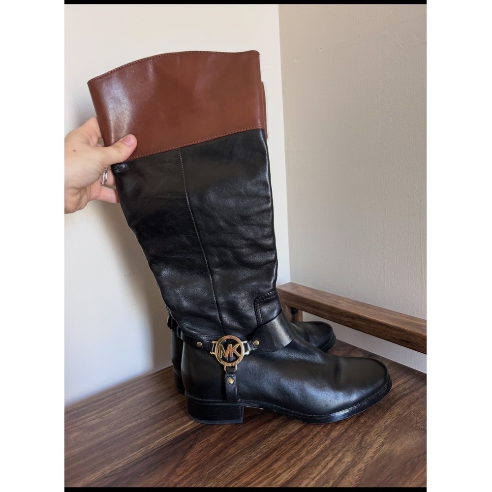 Michael Kors Black Cognac Leather Riding Boots MK Logo Two Tone Women 8M